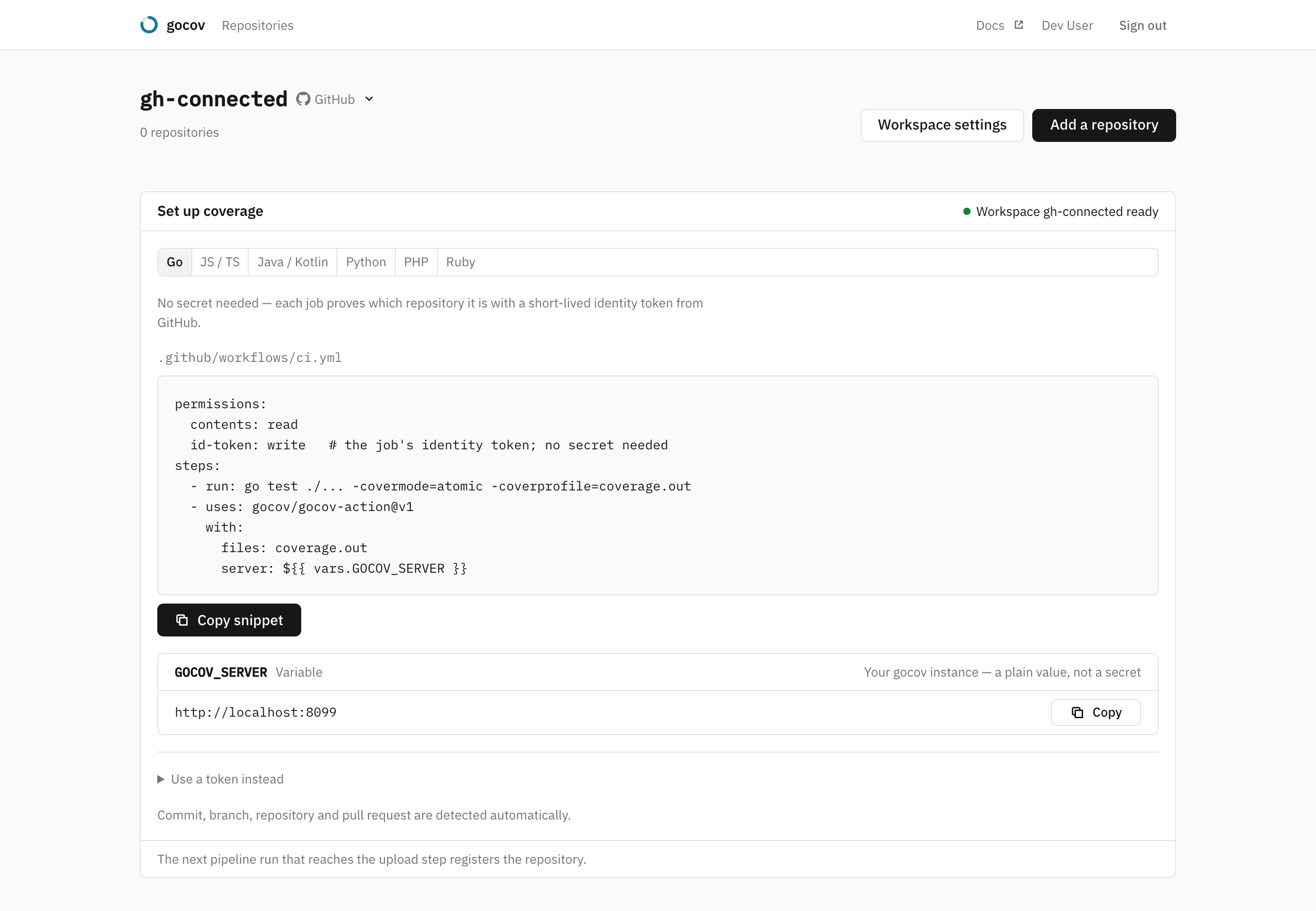 The Set up coverage card on a new workspace's dashboard: the header marks the workspace ready, the card itself is a language picker and the snippet to copy, and the line along the bottom says the next pipeline run registers the repository