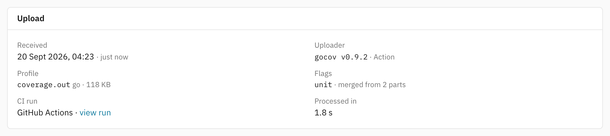 An upload's page: the part it carried, and a note that the commit's report was merged from two parts